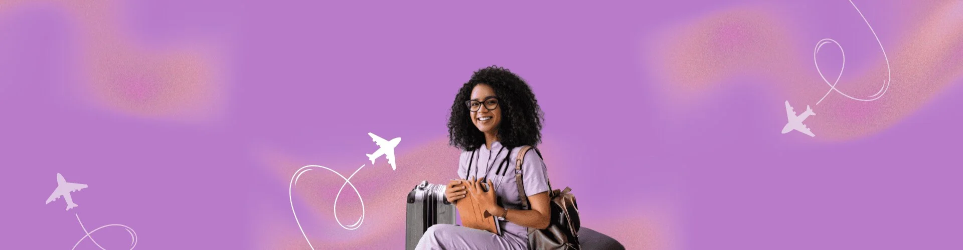 Smiling travel nurse sitting with luggage on a vibrant purple background, with airplane graphics symbolizing travel.