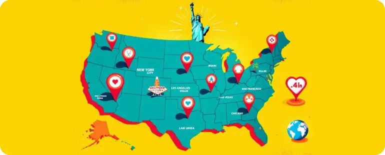 A colorful U.S. map with top travel nursing destinations highlighted.