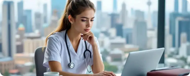 A young female nurse in a white coat working on a laptop with a city skyline in the background.