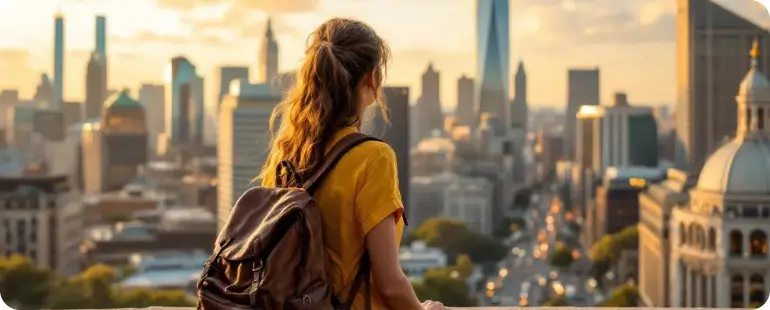 A female traveler with a backpack looking at a city skyline at sunset.