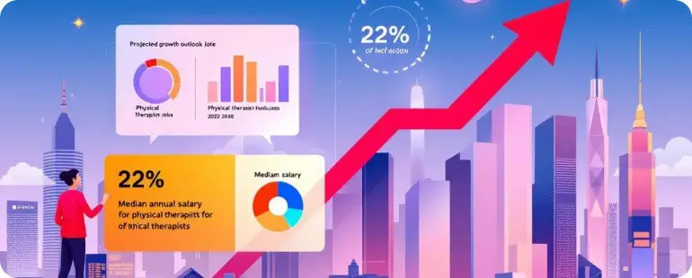 Illustration of salary increase and job outlook for physical therapists with a rising red arrow and cityscape