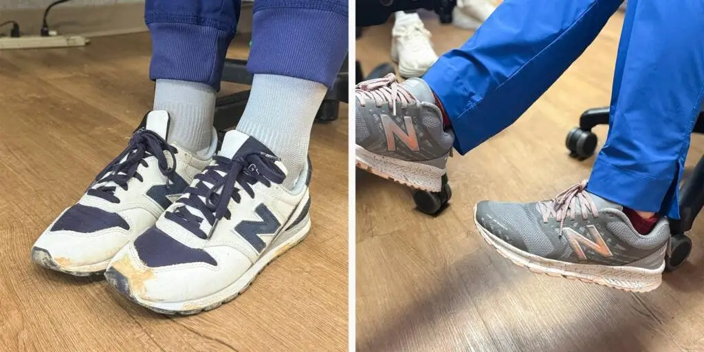 Two pairs of New Balance shoes worn by healthcare staff in scrubs
