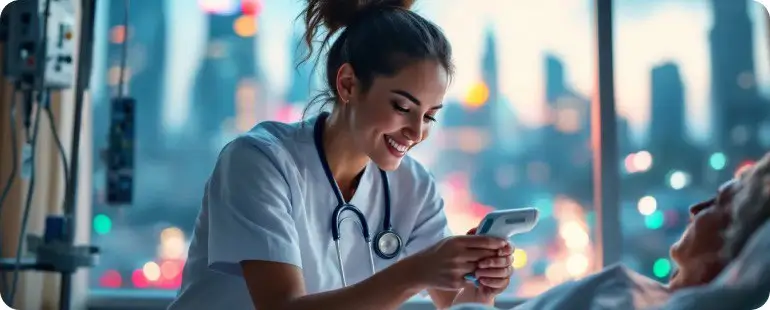 Travel nurse checking patient vitals with digital device