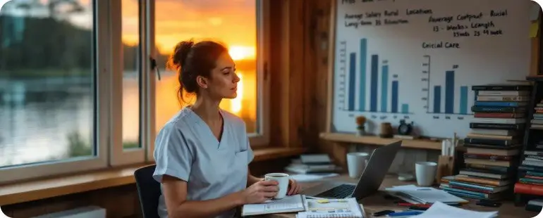 Travel nurse analyzing contract data with charts at sunset