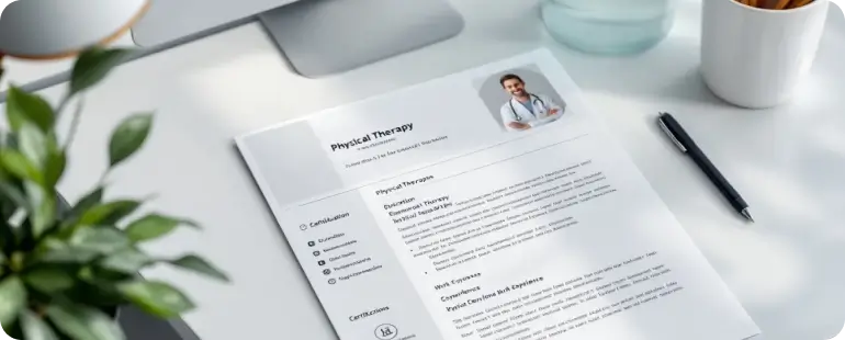 Physical therapy resume sample with medical profile image, credentials, and professional experience on desk setup