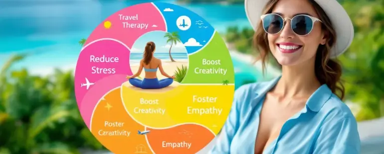 Infographic showing benefits of travel therapy like reduced stress and boosted creativity