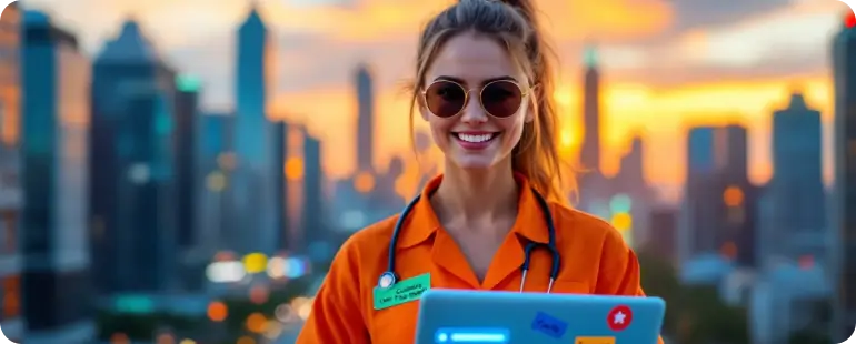 Young travel nurse in urban ICU setting searching for high-paying assignments