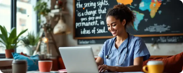 Happy travel nurse in scrubs using laptop to apply for med surg travel jobs in a cozy cafe