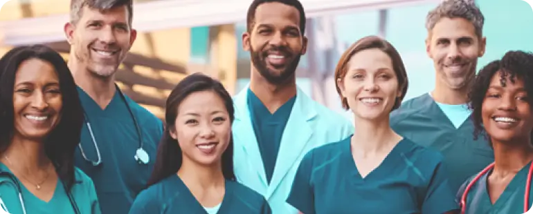 Team of agency nurses and doctors outdoors representing flexible work across healthcare settings