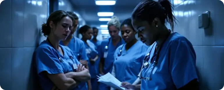 A group of nurses in blue scrubs reviewing patient files in a hospital corridor – a dramatic moment from TV shows about nurses