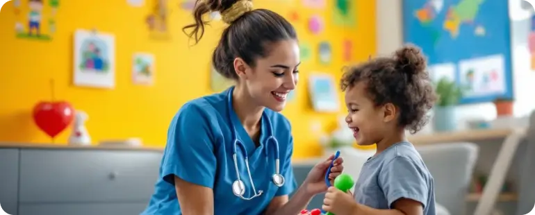 Smiling pediatric travel nurse playing and interacting with a young child in a clinical setting, representing types of travel nursing roles.