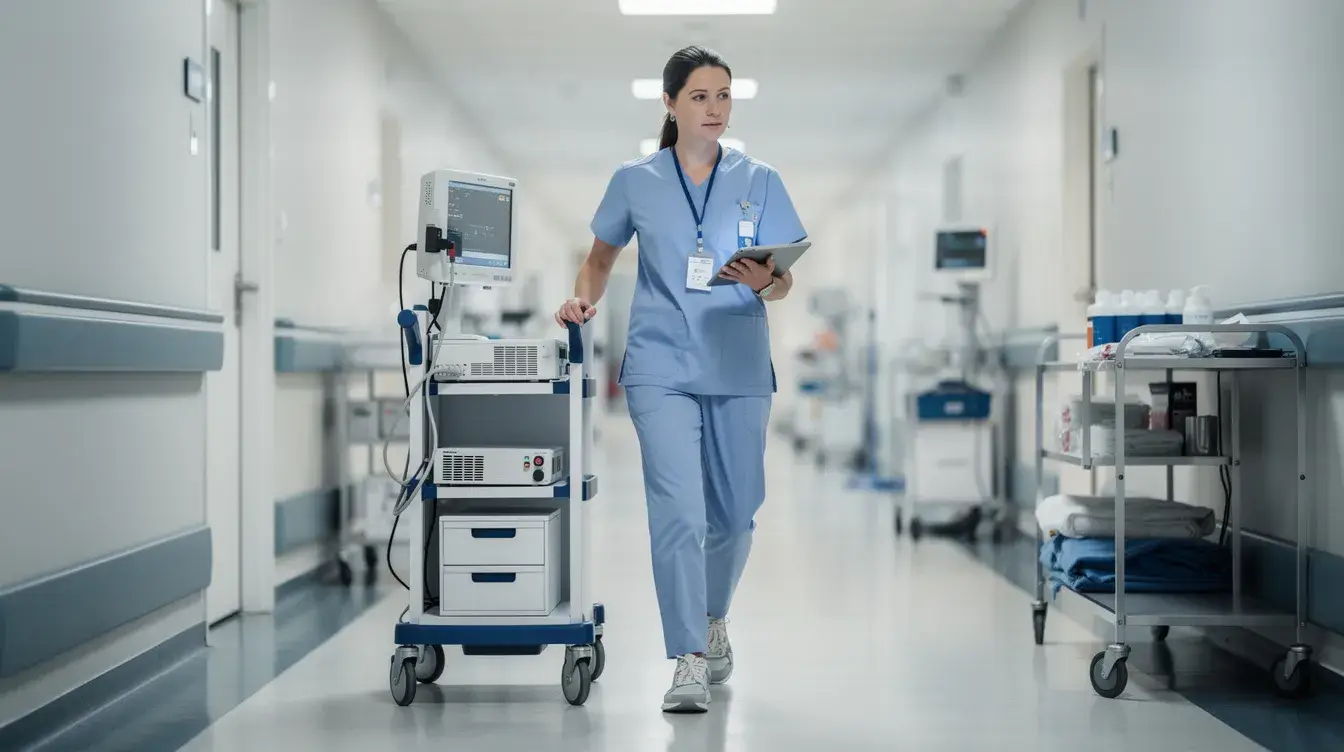 Travel nurse walking through a hospital hallway with equipment cart, showing travel nursing agency red flags to watch out for