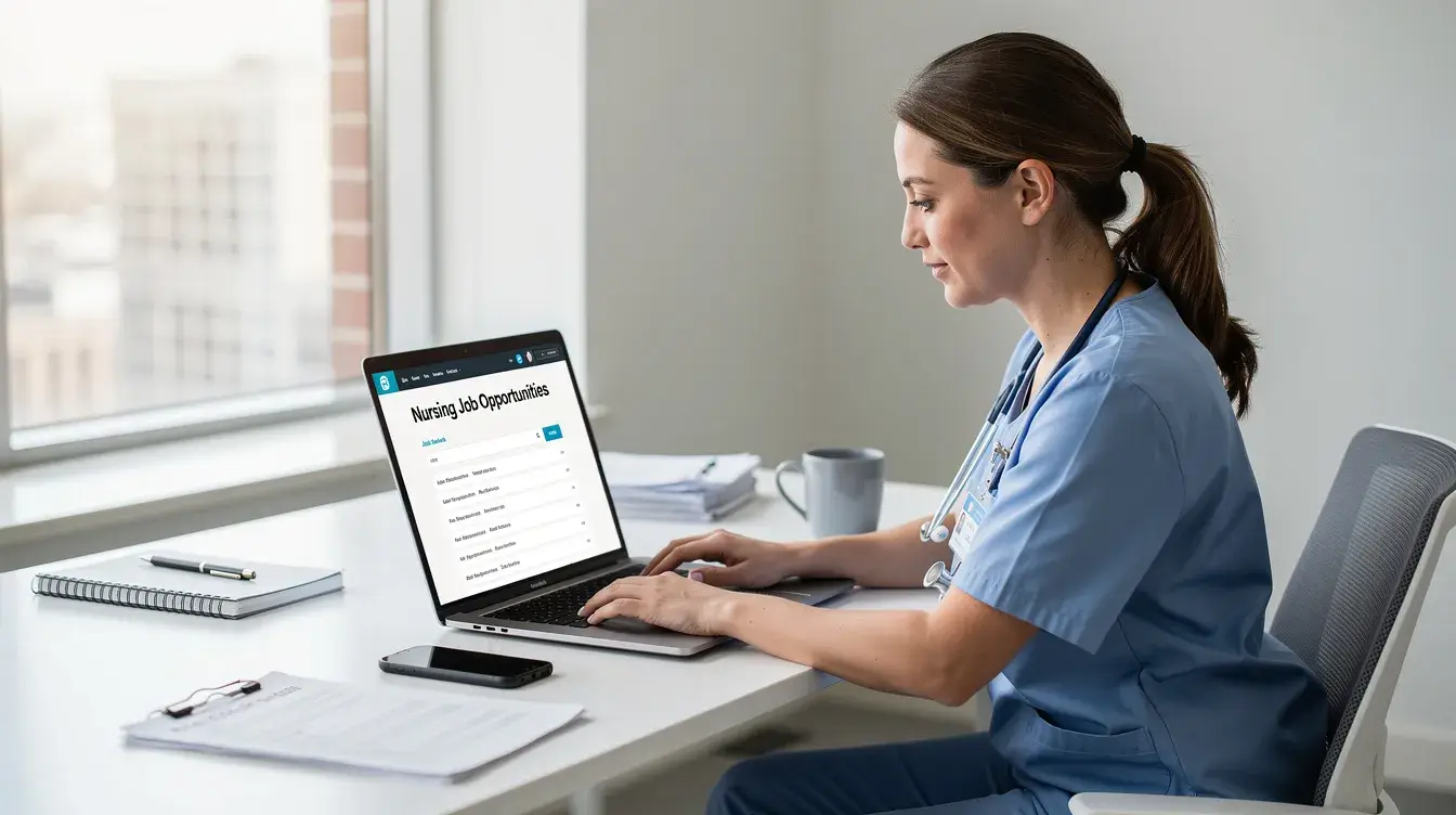 Travel nurse reviewing nursing job opportunities on a laptop, highlighting travel nursing agency warning signs and recruiter questions