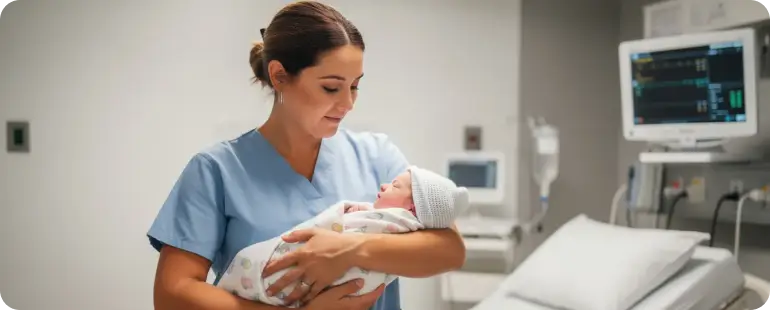 travel labor and delivery nurse holding newborn baby in hospital maternity unit