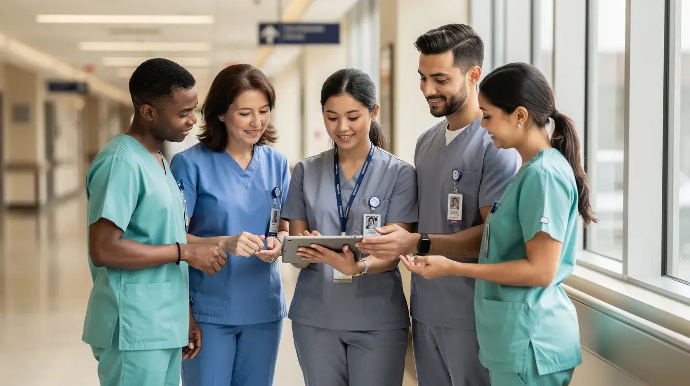 Group of nurses and healthcare professionals celebrating Nurses Week 2026 while working together in a hospital hallway.
