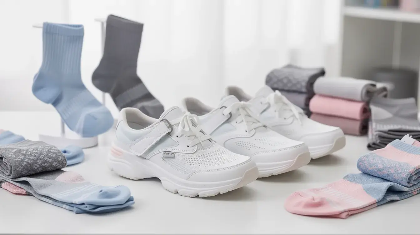 Comfortable nursing shoes and compression socks displayed as practical Nurses Week 2026 gift ideas for healthcare professionals and hospital staff.
