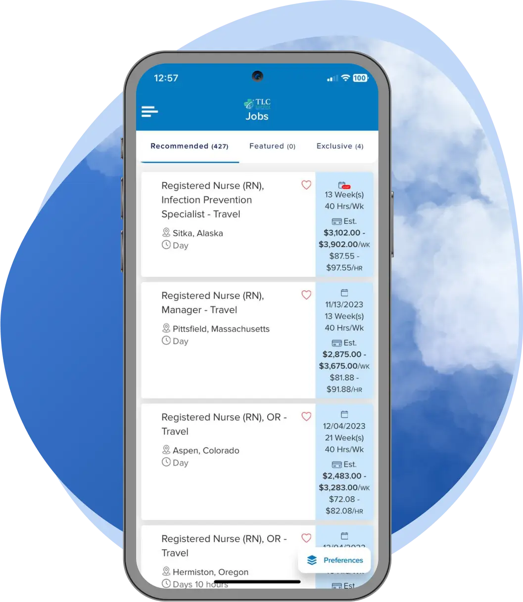 iTraveler app showing travel allied health jobs listings with weekly pay and locations