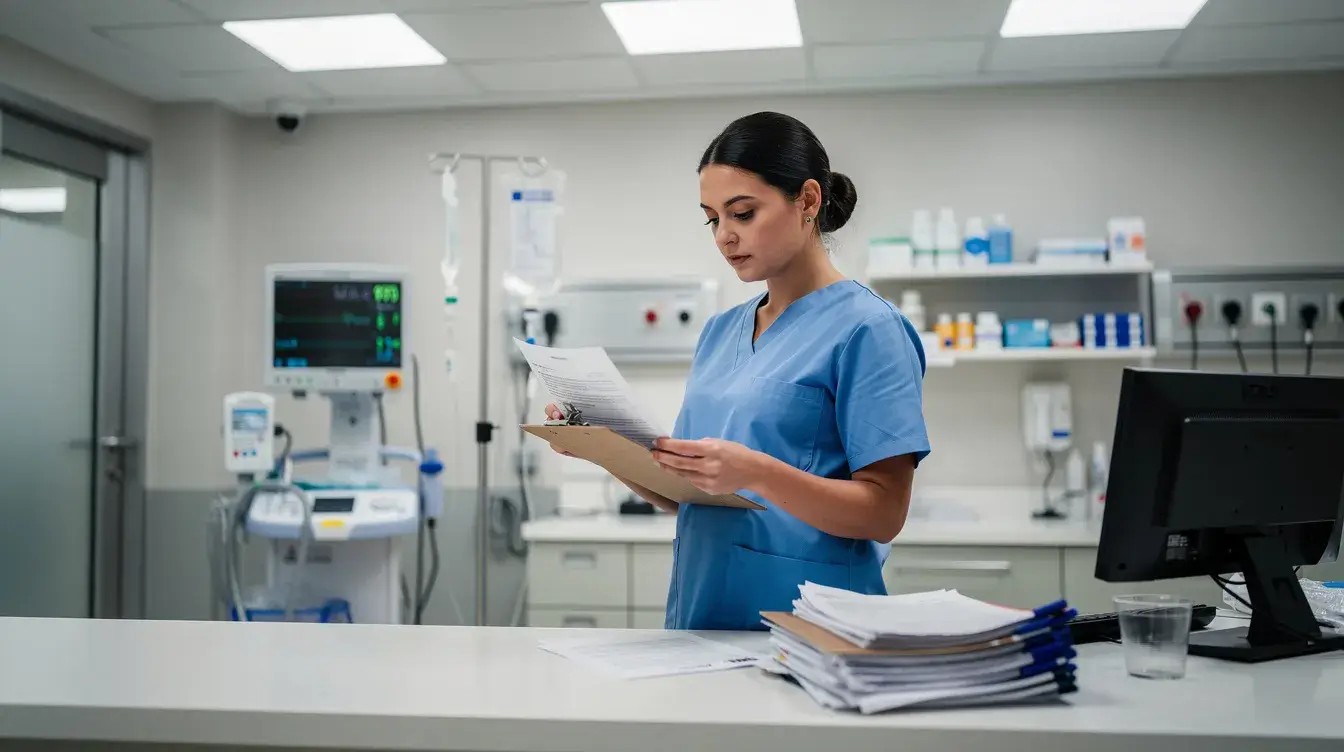 A nurse reviewing medical documents in a hospital setting, highlighting clinical responsibility and demonstrating how is tennessee a compact state for nursing impacts multistate licensure and daily nursing workflow.