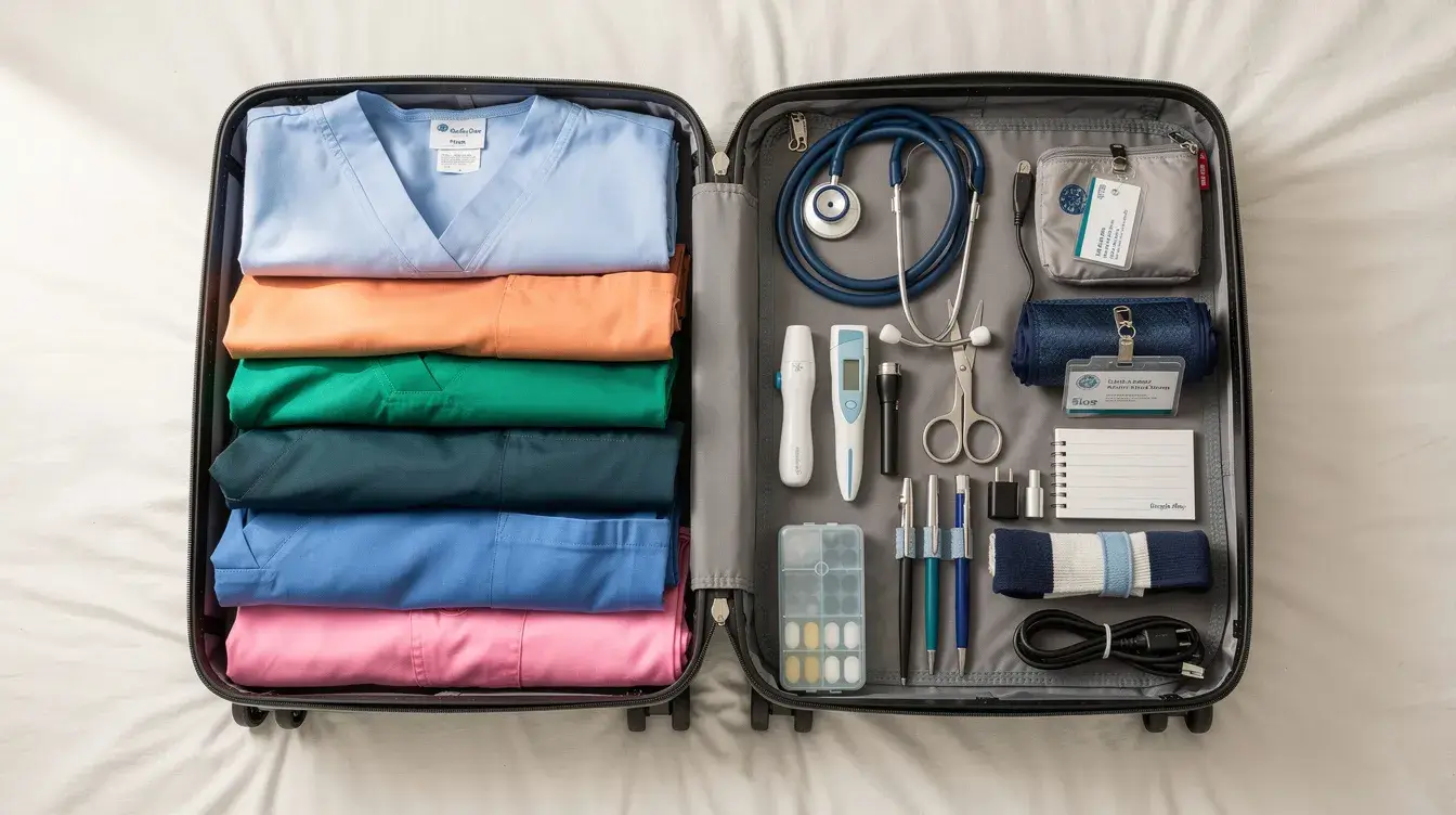 travel nurse tips packing scrubs and medical essentials for a travel nursing assignment