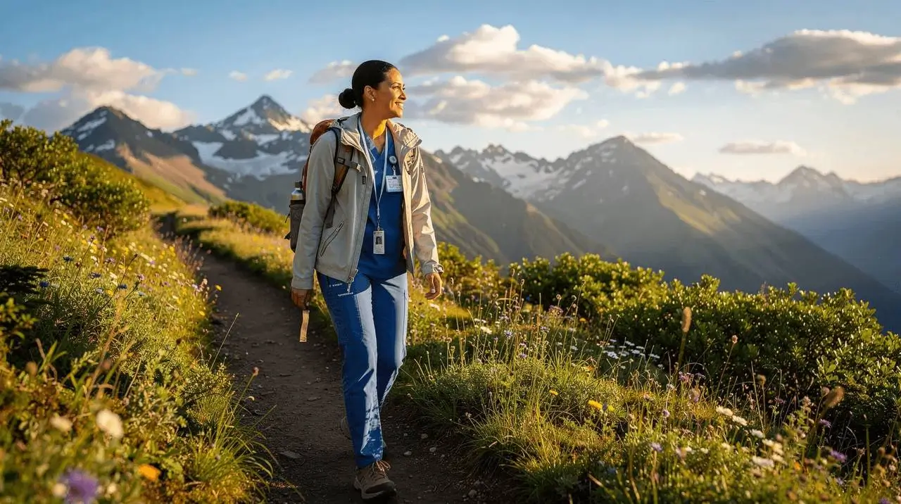 travel nurse tips nurse hiking in the mountains during time off from a travel assignment